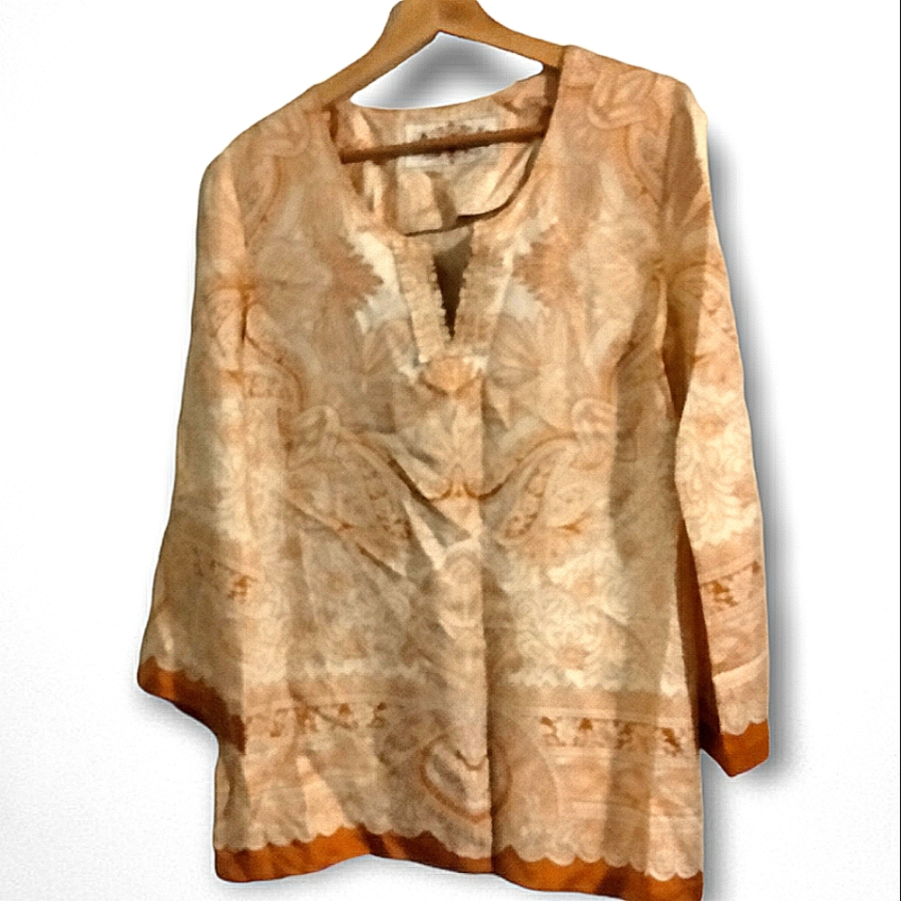 Robert Graham Silky Print Top Shirt V Neck Brown Off White Slits Butterfly